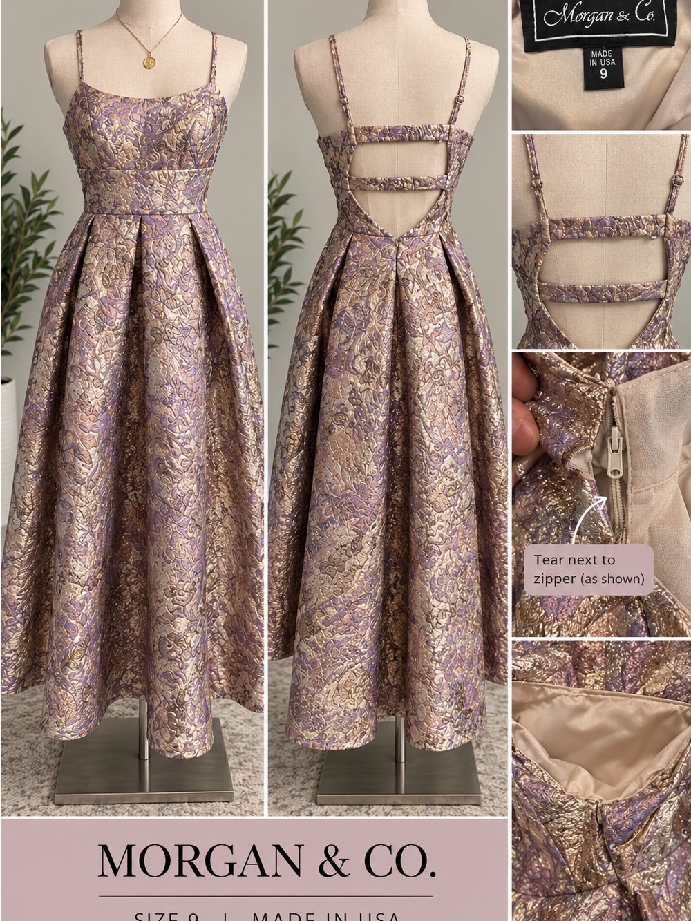Morgan & Co. Lavender and Gold Brocade Strappy Maxi Dress